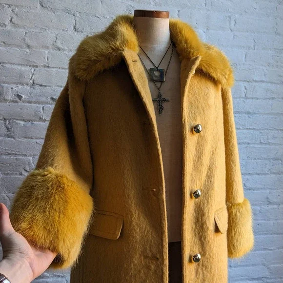 Retro 70s style Groovy Yellow Wool Yellow Penny Lane Jacket Shag Trench Coat - Picture 3 of 9